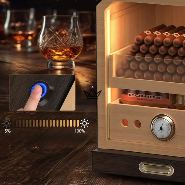 Prestige Cedar Lux Zigarrenschrank – Zeder, Touch-LED, 100–150 Zigarren, Glasfach, 2 Befeuchter, Hygrometer an der Vorderseite, Nussbaum oder Carbon – 9/15