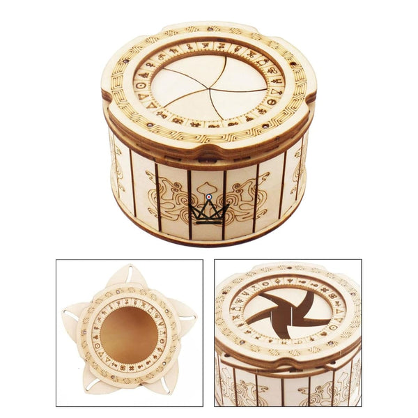 3D-Holzpuzzle runde Geheimbox, Iris-Blendenmechanismus