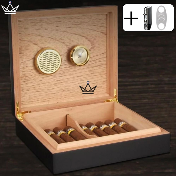 Zigarrenhumidore BLACK WOOD — Zedernholz, 20 Zigarren, Hygrometer & Befeuchter