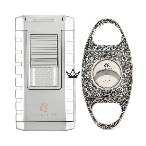 Prestige Heritage Edition Set — Dreiflammen-Blauflammenfeuerzeug & 24 mm Doppelklingen-Zigarrenabschneider | Ewiges Silber · Vintage Gold · Original Grau · Inklusive Sammlerbox, Ewiges Geld