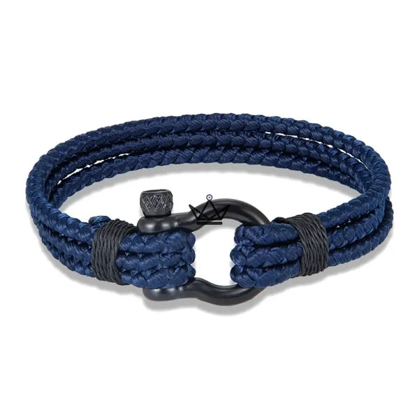 Geflochtenes Kordelarmband mit schwarzem Segelschäkel aus Edelstahl — BOSCO, Marineblau / S