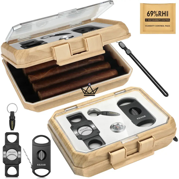 New Origin Zigarren-Reiseetui — Tragbarer Mini-Humidor, Hygrometer & 5 integrierte Accessoires, Esche Herkunft
