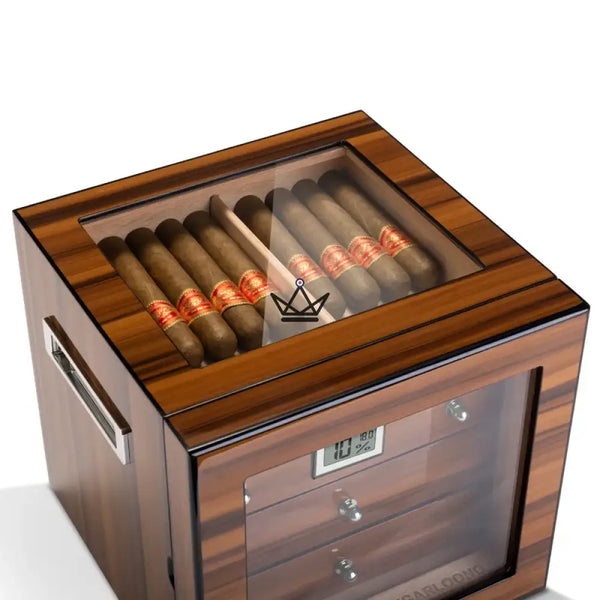 Zigarrenhumidor Regalia 100 – spanische Zeder, Glasfenster, 3 Zedernholzschubladen, ~50 Zigarren, Digital-Hygrometer & Befeuchter – 5/9