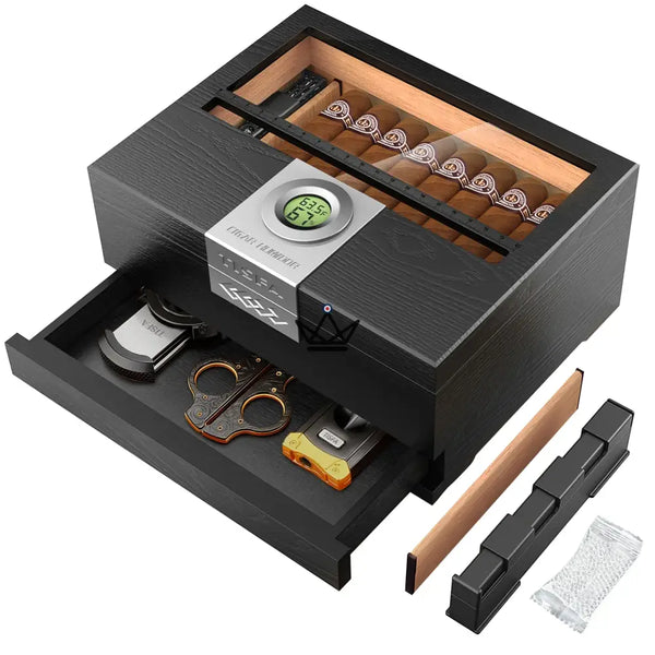 Zigarrenhumidor Horizon Edition — Zedernholz, Sichtfenster, Schublade, Onyx oder Natur, Onyx-Horizont