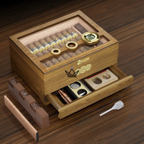 Humidor Orbis Vault – Spanische Zeder, Glas, digitaler Hygrometer & Gel-Befeuchter