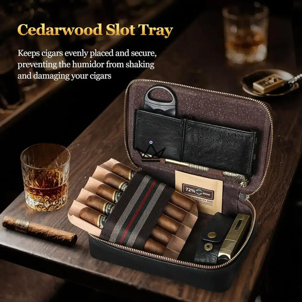Magyars Wood Zigarrenetui – Zedernholztablett für 5 Zigarren, Doppelklingen-Zigarrenschneider, Drachenkopf-Nadel & Boveda 72 % Kit – 5/12
