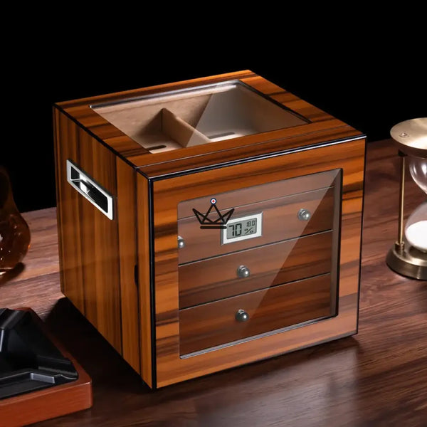 Zigarrenhumidor Regalia 100 – spanische Zeder, Glasfenster, 3 Zedernholzschubladen, ~50 Zigarren, Digital-Hygrometer & Befeuchter – 2/9