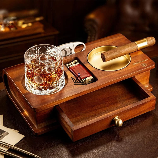 Aschenbecher für Zigarren aus Massivholz mit Whisky-Halter und Schublade — Whisky Butler – 4/15