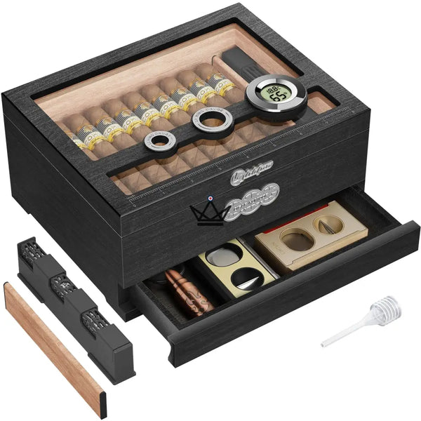 Humidor Orbis Vault – Spanische Zeder, Glas, digitaler Hygrometer & Gel-Befeuchter, Onyx Edition
