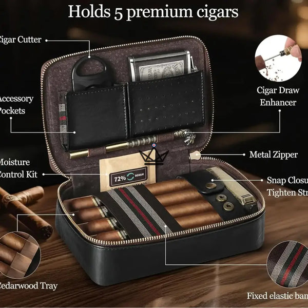 Magyars Wood Zigarrenetui – Zedernholztablett für 5 Zigarren, Doppelklingen-Zigarrenschneider, Drachenkopf-Nadel & Boveda 72 % Kit – 3/12