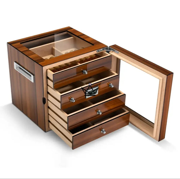 Zigarrenhumidor Regalia 100 – spanische Zeder, Glasfenster, 3 Zedernholzschubladen, ~50 Zigarren, Digital-Hygrometer & Befeuchter – 3/9