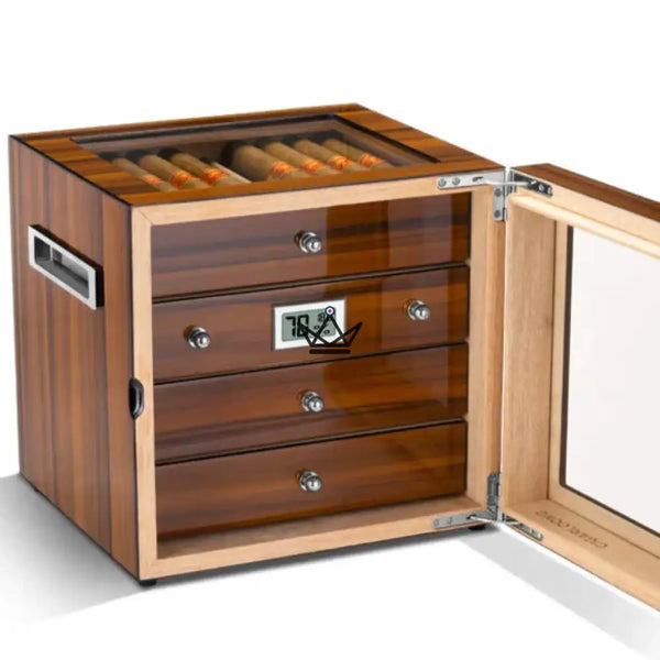 Zigarrenhumidor Regalia 100 – spanische Zeder, Glasfenster, 3 Zedernholzschubladen, ~50 Zigarren, Digital-Hygrometer & Befeuchter – 4/9