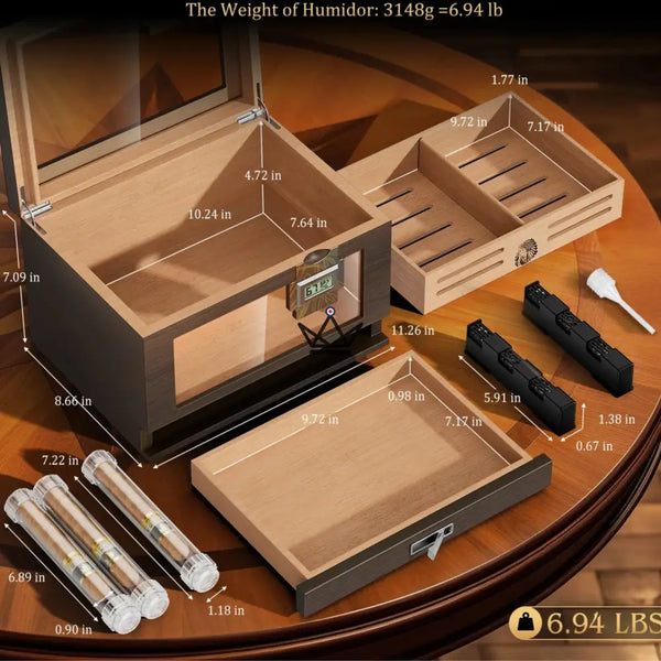 Dominion Heritage Zigarrenkiste — Spanisches Zedernholz, Glasdeckel, 80 Zigarren, 2 digitale Hygrometer, 2 Gel-Befeuchter & 3 Reiseröhrchen – 4/8