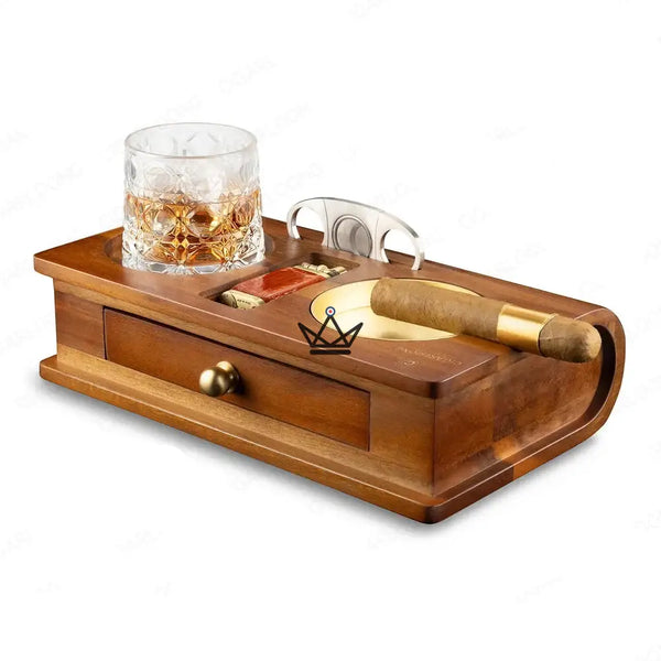 Aschenbecher für Zigarren aus Massivholz mit Whisky-Halter und Schublade — Whisky Butler – 11/15