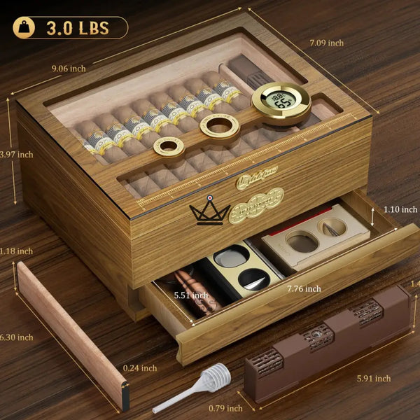 Humidor Orbis Vault – Spanische Zeder, Glas, digitaler Hygrometer & Gel-Befeuchter – 7/7