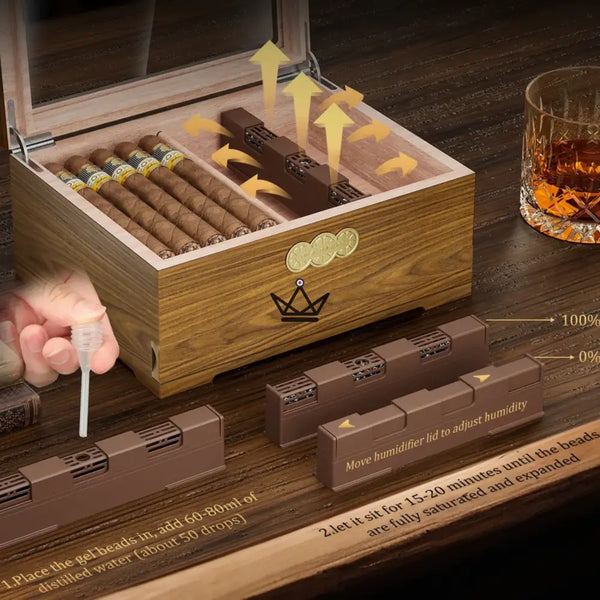 Humidor Orbis Vault – Spanische Zeder, Glas, digitaler Hygrometer & Gel-Befeuchter – 6/7