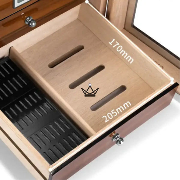 Zigarrenhumidor Regalia 100 – spanische Zeder, Glasfenster, 3 Zedernholzschubladen, ~50 Zigarren, Digital-Hygrometer & Befeuchter – 7/9