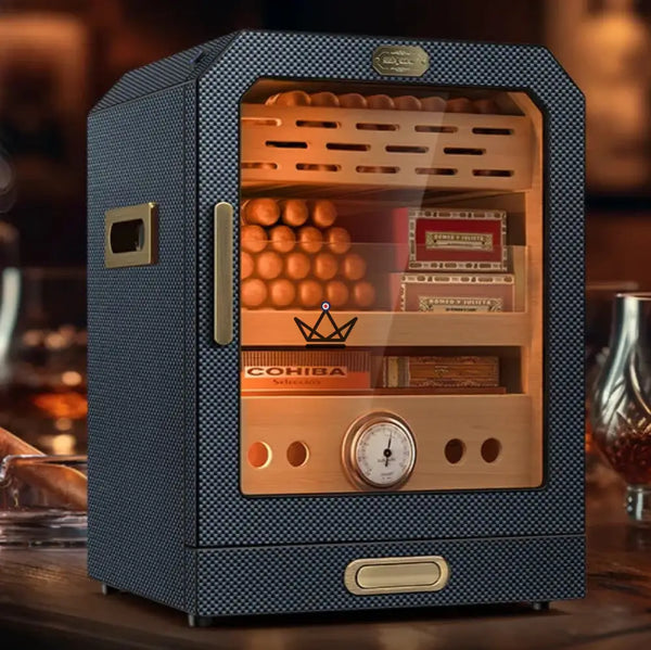 Prestige Cedar Lux Zigarrenschrank – Zeder, Touch-LED, 100–150 Zigarren, Glasfach, 2 Befeuchter, Hygrometer an der Vorderseite, Nussbaum oder Carbon, Kohlenstofffaser
