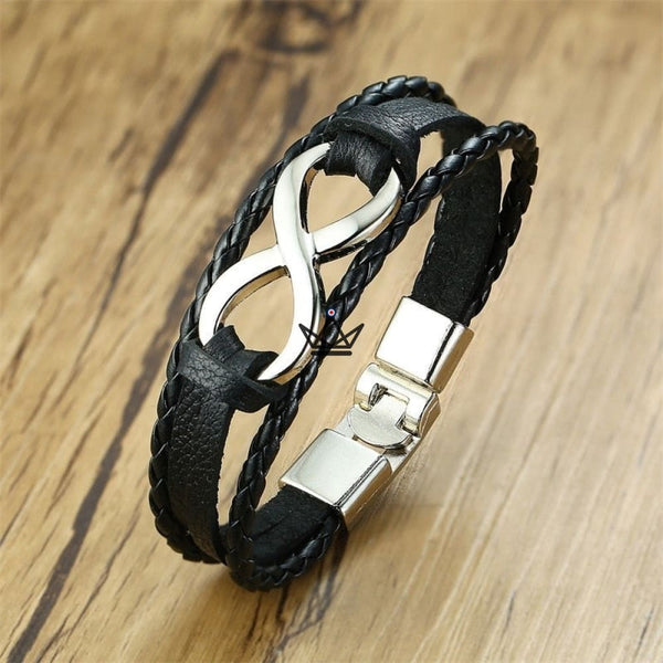 Armband aus echtem Leder mit Unendlichkeitssymbol — INFINITE, Schwarzes Silber
