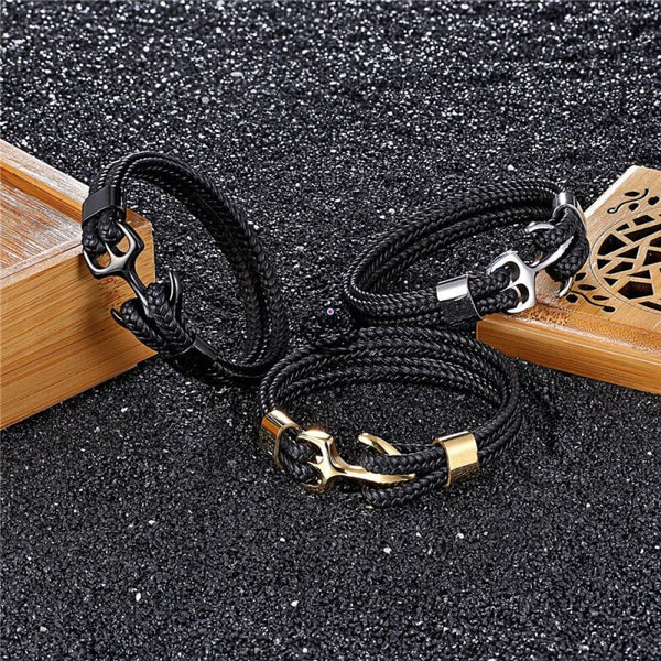 Neptune Twins Armband – Doppelseil Anker – 3 Ausführungen 3 Größen, Schwarz / Gold / 19cm