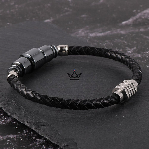 Bracelet en cuir tressé à fermoir magnétique - TITANIUM - - bracelet - Cadeau, Noël, Anniversaire, Original - Atelier Atypique