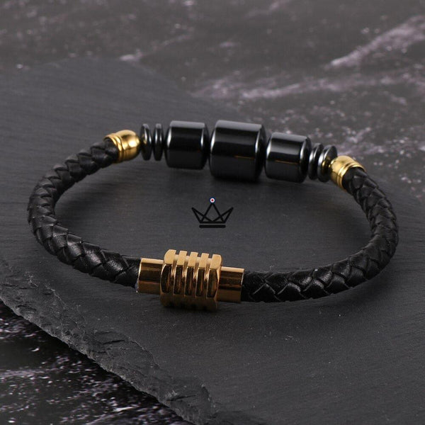 Bracelet en cuir tressé à fermoir magnétique - TITANIUM - - bracelet - Cadeau, Noël, Anniversaire, Original - Atelier Atypique