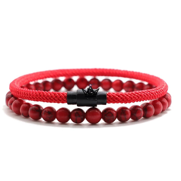 DUO ELEMENTARY STONE Paket - Kordelarmband & Onyx - 9 Farben, Rot / XS-16,5 cm