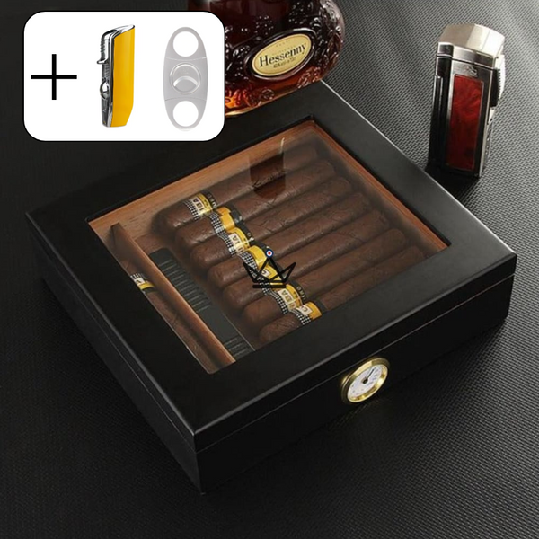 Humidor JANGO – verglast, 20 Zigarren, spanisches Zedernholz & Befeuchter