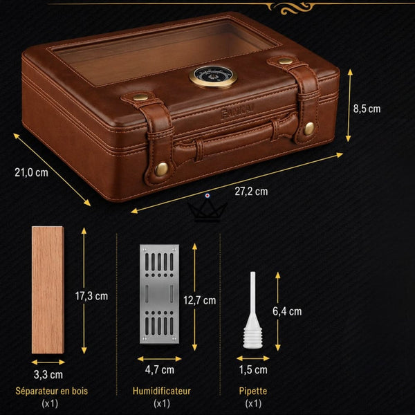 Prestige Traveler Humidor – vergoldetes Messing, spanische Zeder, 50 Zigarren, Sichtfenster, Hygrometer & Kristallbefeuchter