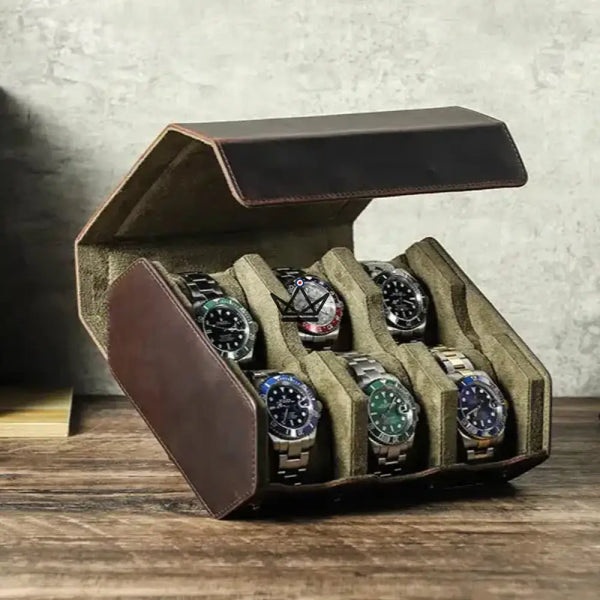 Etui de voyage personnalisable pour montre automatique en cuir - Voyageur Hexagone - ["Maroquinerie Personnalisable"] - etui montre personnalisable - Cadeau, Noël, Anniversaire, Original, Fête des pères, fête des mères - Atelier Atypique