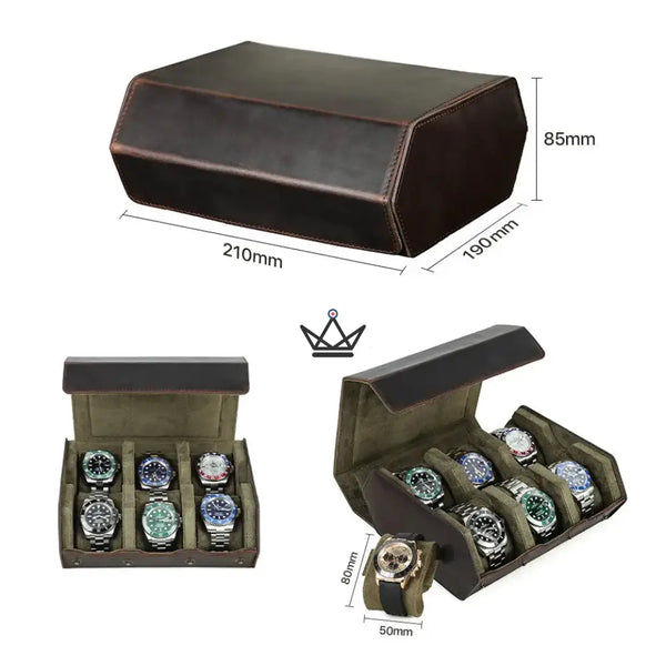 Etui de voyage personnalisable pour montre automatique en cuir - Voyageur Hexagone - ["Maroquinerie Personnalisable"] - etui montre personnalisable - Cadeau, Noël, Anniversaire, Original, Fête des pères, fête des mères - Atelier Atypique
