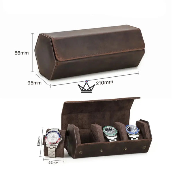 Etui de voyage personnalisable pour montre automatique en cuir - Voyageur Hexagone - ["Maroquinerie Personnalisable"] - etui montre personnalisable - Cadeau, Noël, Anniversaire, Original, Fête des pères, fête des mères - Atelier Atypique