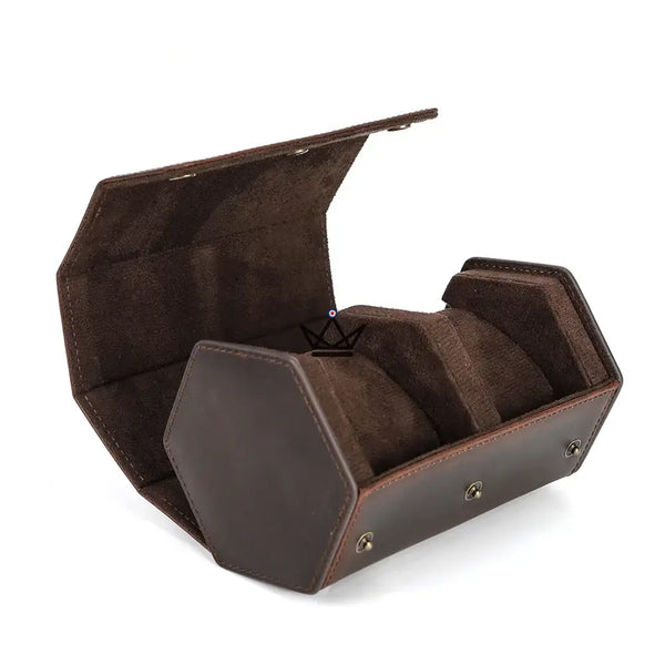 Etui de voyage personnalisable pour montre automatique en cuir - Voyageur Hexagone - ["Maroquinerie Personnalisable"] - etui montre personnalisable - Cadeau, Noël, Anniversaire, Original, Fête des pères, fête des mères - Atelier Atypique