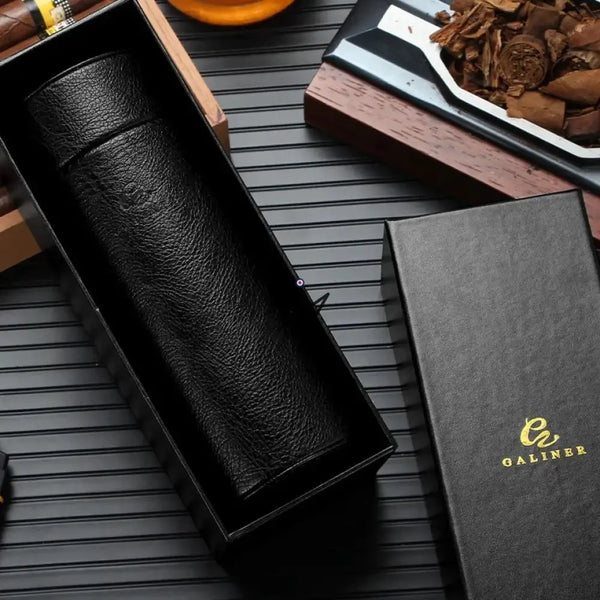 ORBAL Edition Reisehumidor – zylindrisch, Echtes Leder & Zedernholz, 5 bis 10 Zigarren, Schwarz oder Braun