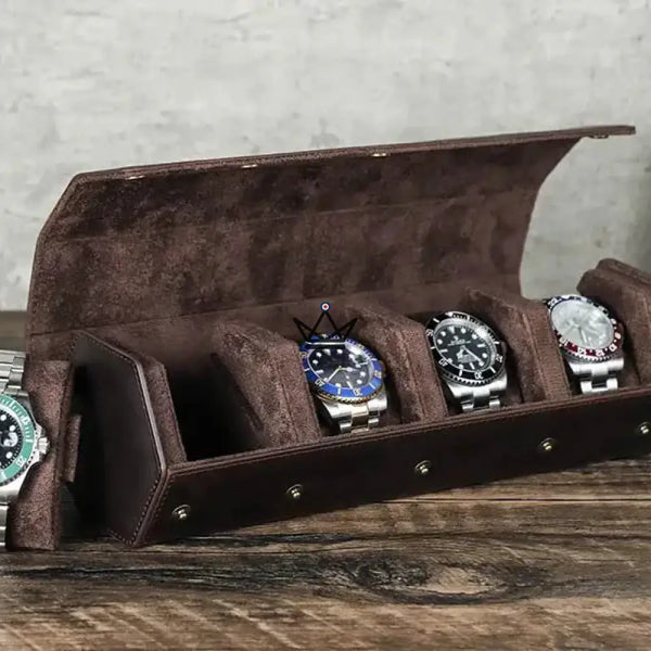 Etui de voyage personnalisable pour montre automatique en cuir - Voyageur Hexagone - ["Maroquinerie Personnalisable"] - etui montre personnalisable - Cadeau, Noël, Anniversaire, Original, Fête des pères, fête des mères - Atelier Atypique