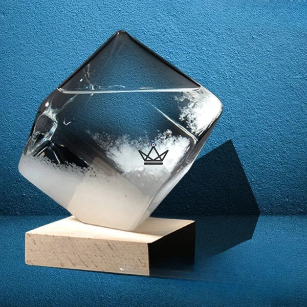 Würfel-Kristallbarometer aus Glas auf Holzsockel - FROST