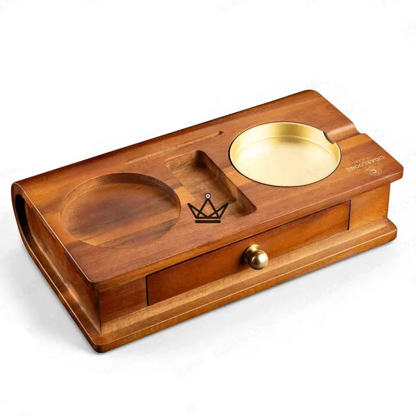 Zigarrenaschenbecher aus Massivholz mit Whisky-Ablage und Schublade - Whisky Butler