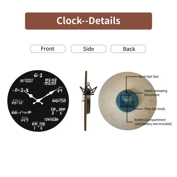 Mathematische Wanduhr, schwarzer Hintergrund, lautlos - ALGORA