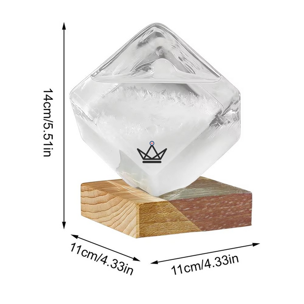 Würfel-Kristallbarometer aus Glas auf Holzsockel - FROST