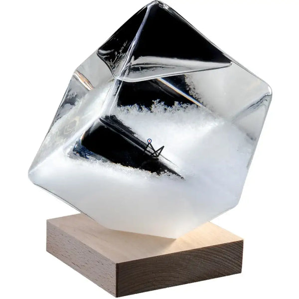 Würfel-Kristallbarometer aus Glas auf Holzsockel - FROST