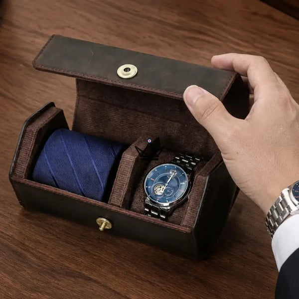 Personalisierbares Reiseetui aus Leder für Uhr und Krawatte - GENTLEMAN COMPACT Reiseetui