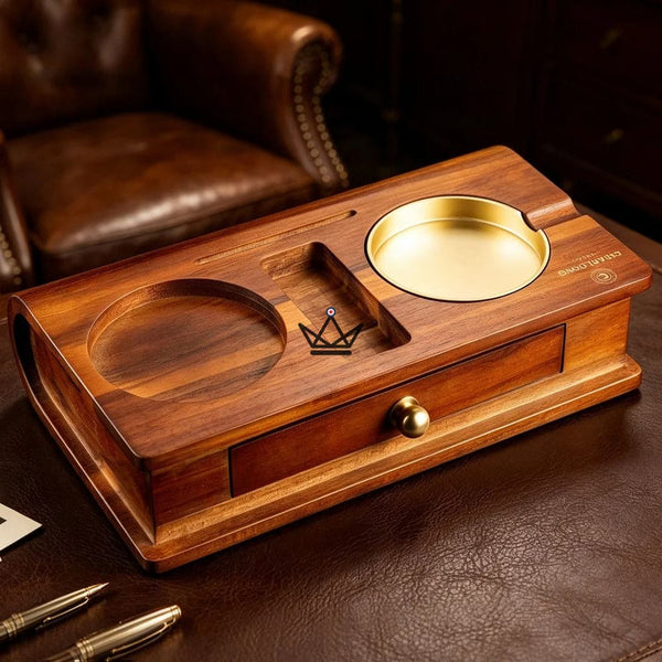 Zigarrenaschenbecher aus Massivholz mit Whisky-Ablage und Schublade - Whisky Butler