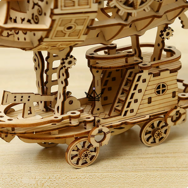 3D-Holzpuzzle Steampunk-Luftschiff auf einem Wagen zum Zusammenbauen - ZÉPHYRE