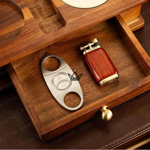 Zigarrenaschenbecher aus Massivholz mit Whisky-Ablage und Schublade - Whisky Butler