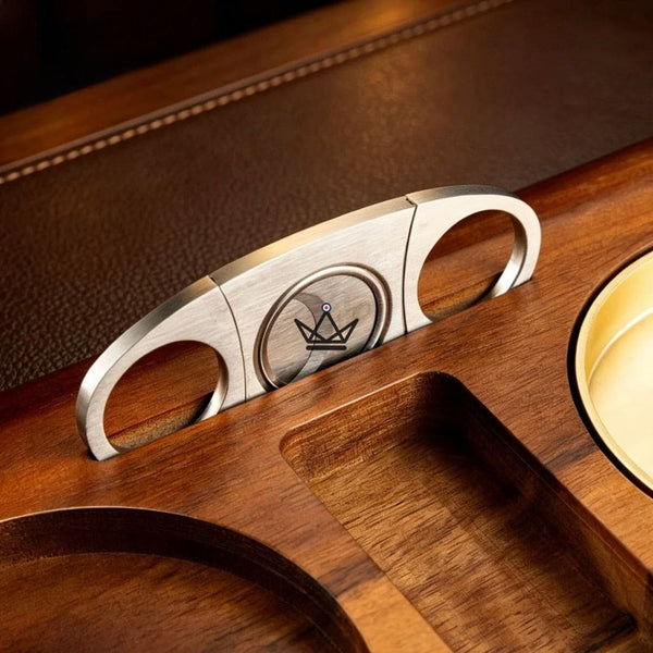 Zigarrenaschenbecher aus Massivholz mit Whisky-Ablage und Schublade - Whisky Butler