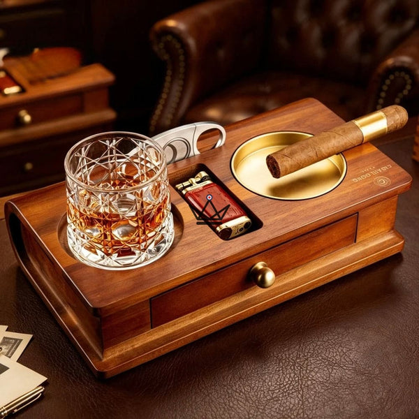 Zigarrenaschenbecher aus Massivholz mit Whisky-Ablage und Schublade - Whisky Butler